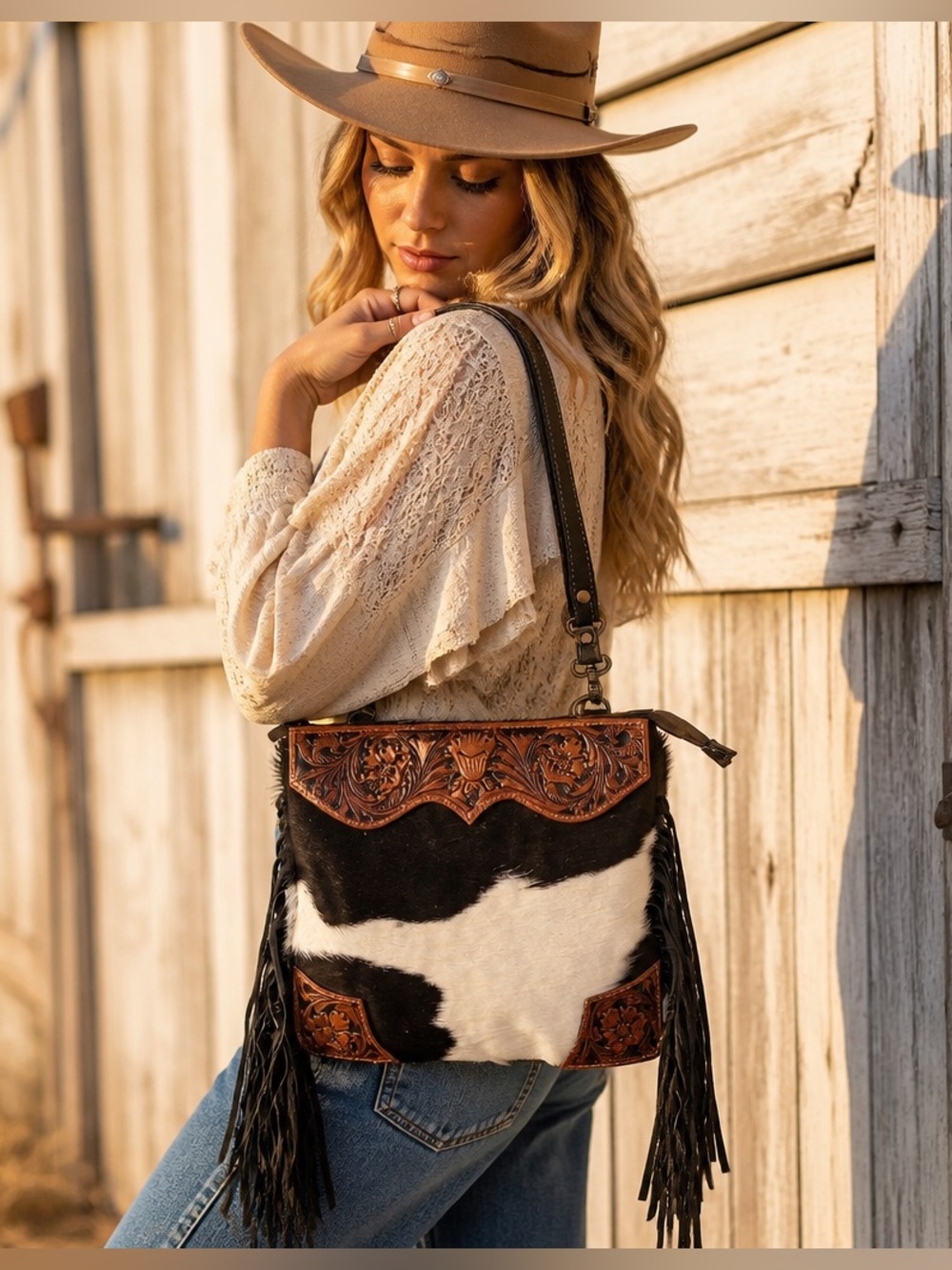 New Myra Bag Hand-Tooled Floral Leather Cowhide Fringe Crossbody Purse Black
